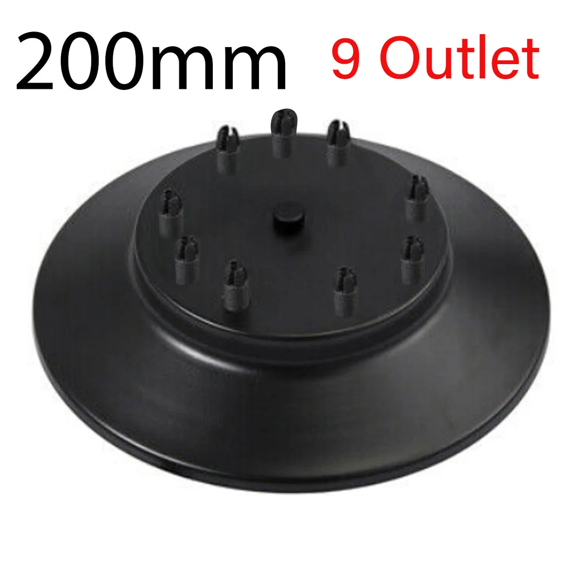 Black ceiling rose with metal finish, round 200mm diameter, includes cord grips and mounting screws on white background