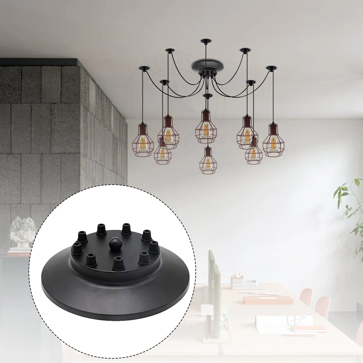 White multi point ceiling rose with metal finish and cord grips, 200mm diameter, shown from top angle on white background