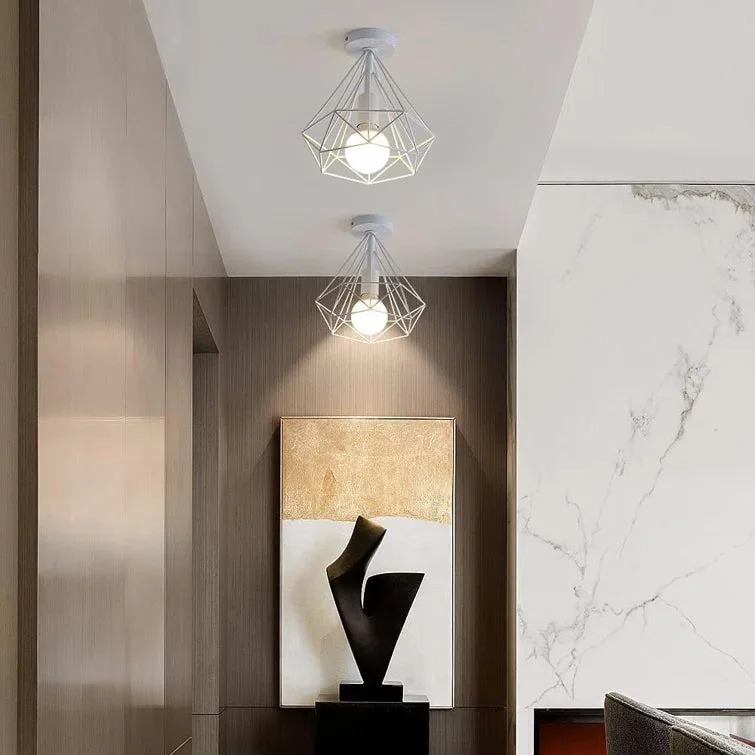 Modern ceiling light with white painted metal wire cage in diamond shape, suitable for standard ceiling sockets