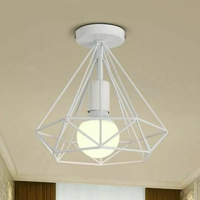 Contemporary pendant light with white painted metal wire cage in diamond shape, suitable for ceiling fitting, no bulb included