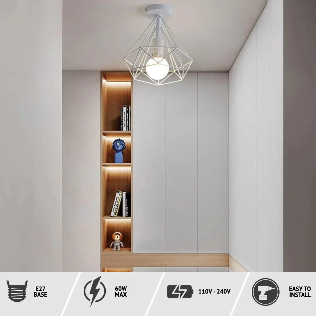 White painted metal cage ceiling light with geometric diamond shape, hanging pendant style, no bulb included