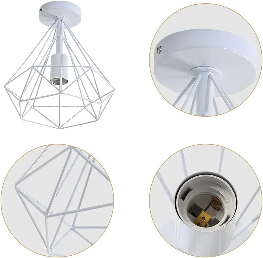 White geometric metal wire cage ceiling light fitting with diamond shape, suitable for E27 bulb pendant light sockets.