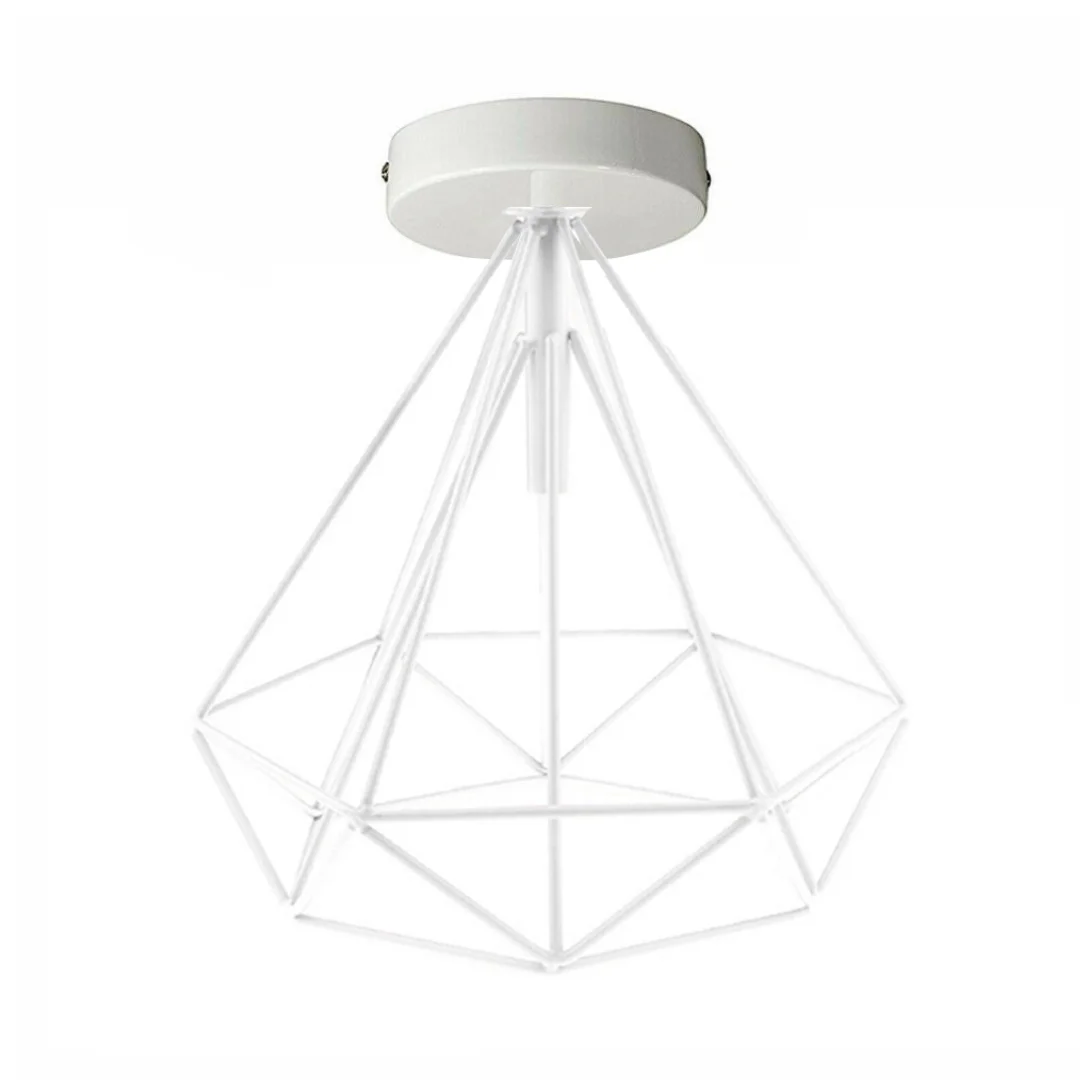 White painted metal ceiling light with geometric wire cage design, diamond-shaped shade, shown hanging in room setting