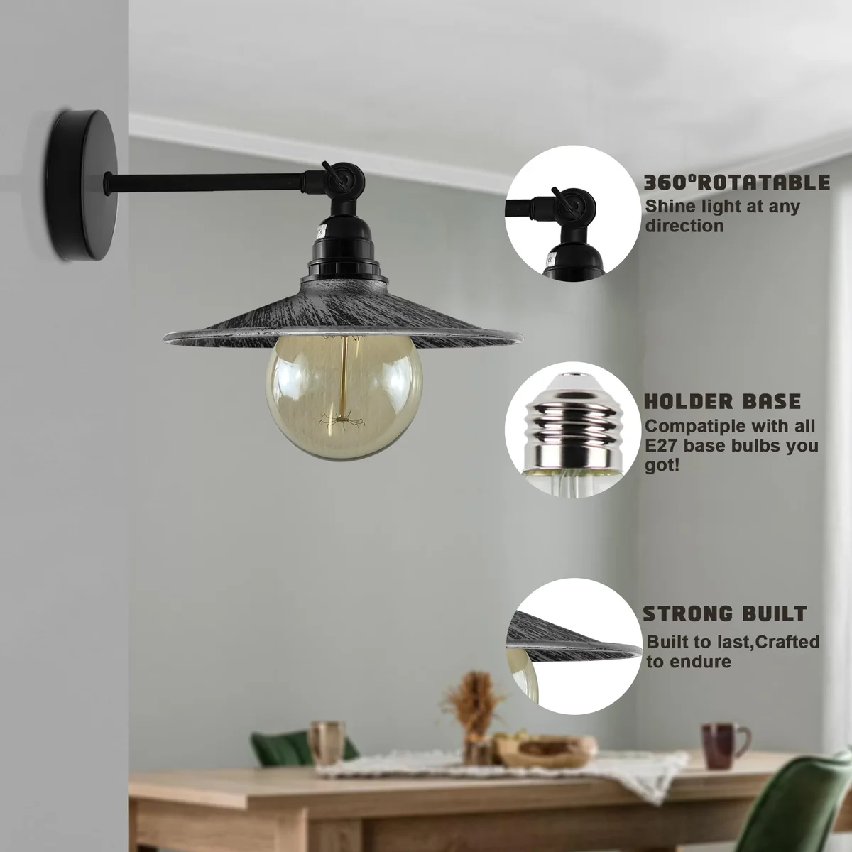 Metal wall light with flat metal shade and adjustable arm mounted on wall, industrial vintage style, no bulb included.