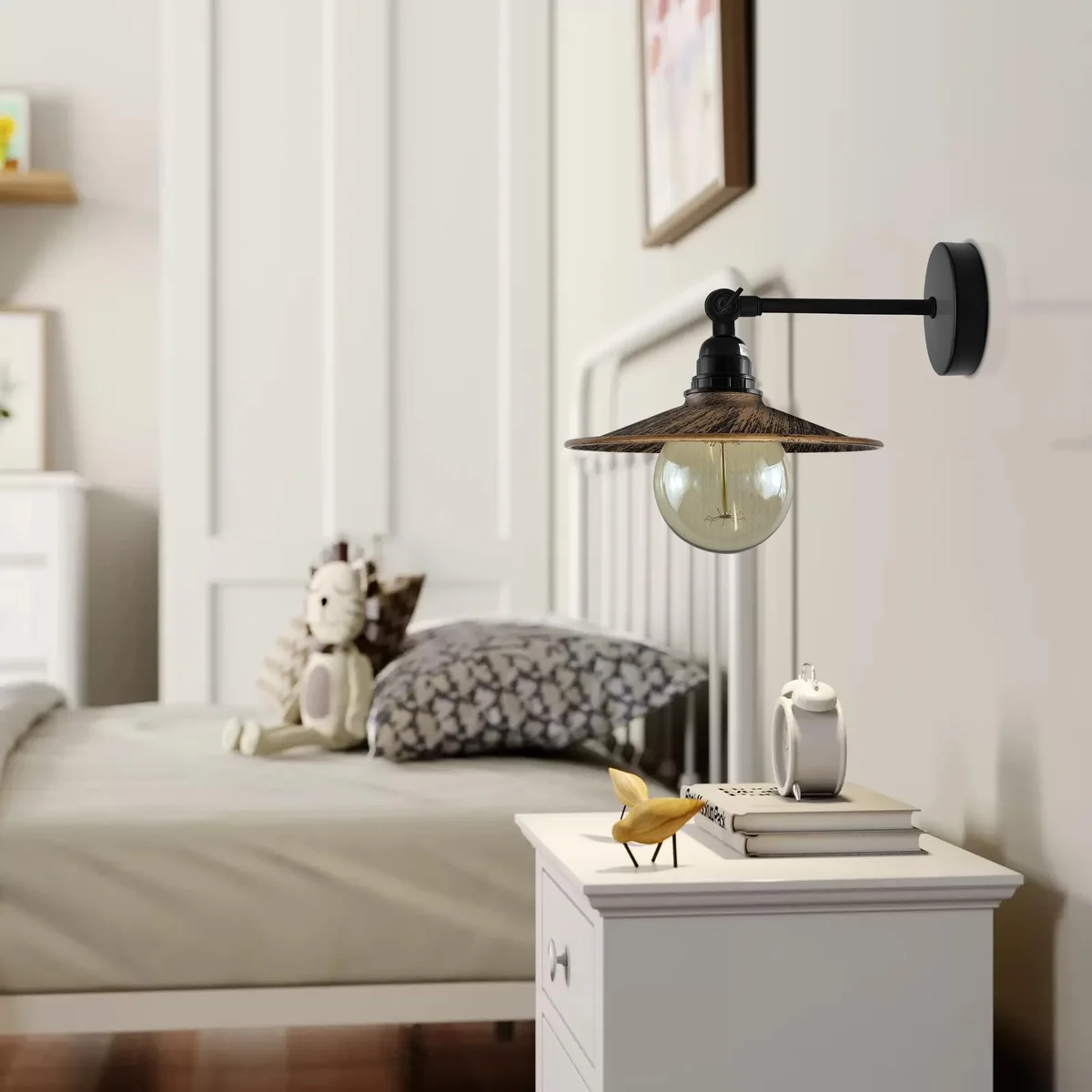 Metal flat shade adjustable arm wall lamp with 180° swivel arm and industrial style in black metal finish mounted on wall