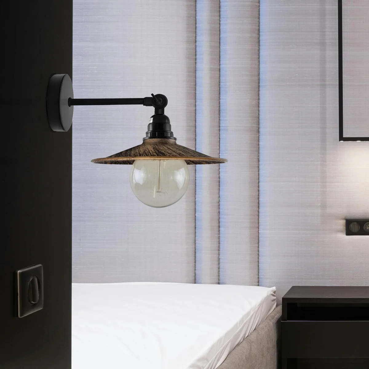 Metal flat shade vintage wall sconce with 180° adjustable arm and E27 bulb wall light, industrial style, metal finish