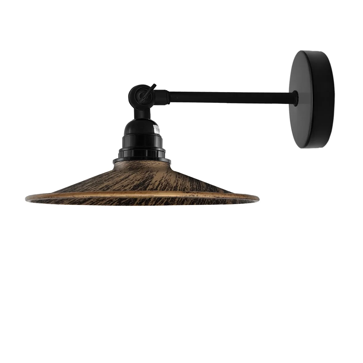 Industrial wall light with flat metal shade, adjustable arm, and hardwired wall mounting in a vintage style