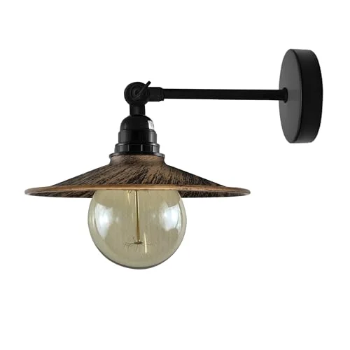 Industrial wall light with flat metal shade, short adjustable arm, and hardwired wall mount in vintage style