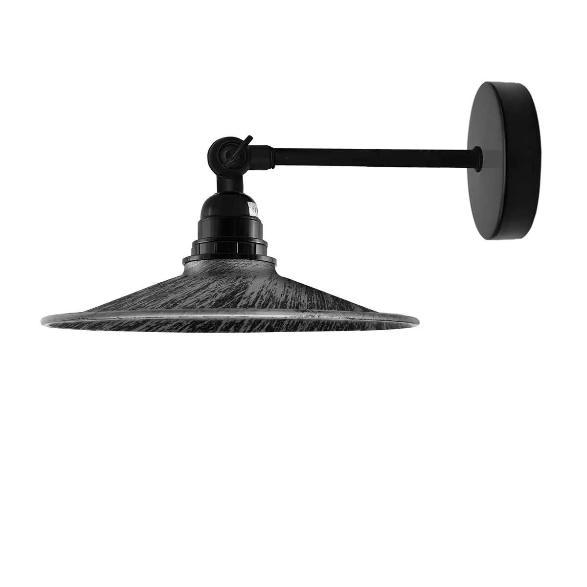 Industrial wall light with flat metal shade, short adjustable arm, and hardwired wall mount in vintage style