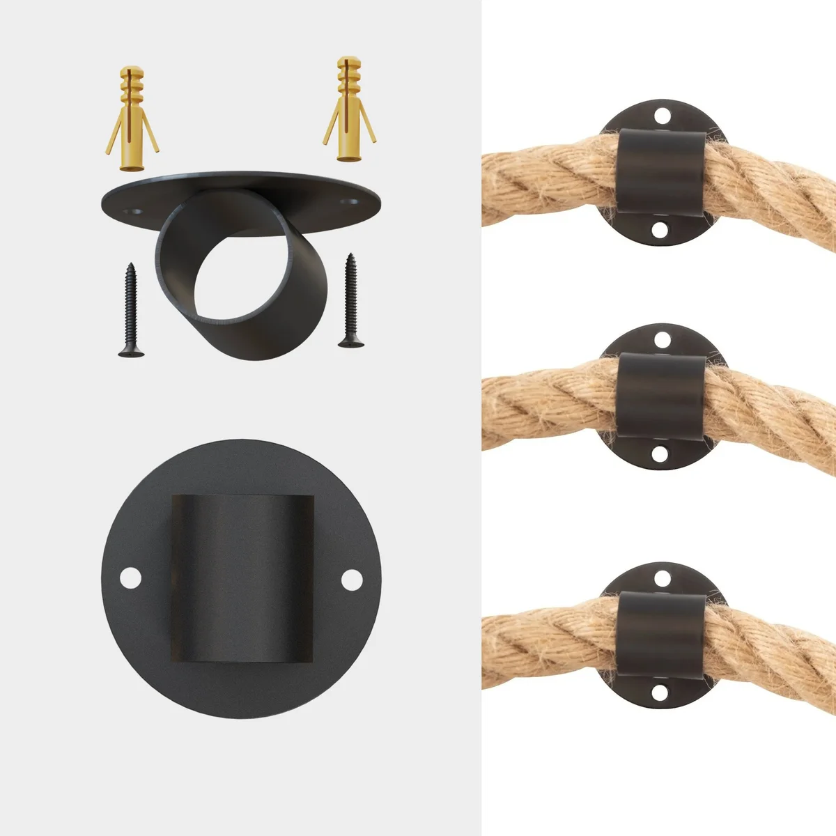 Black vintage industrial ceiling rope hook made of metal with an open-hole design for guiding hemp rope cables