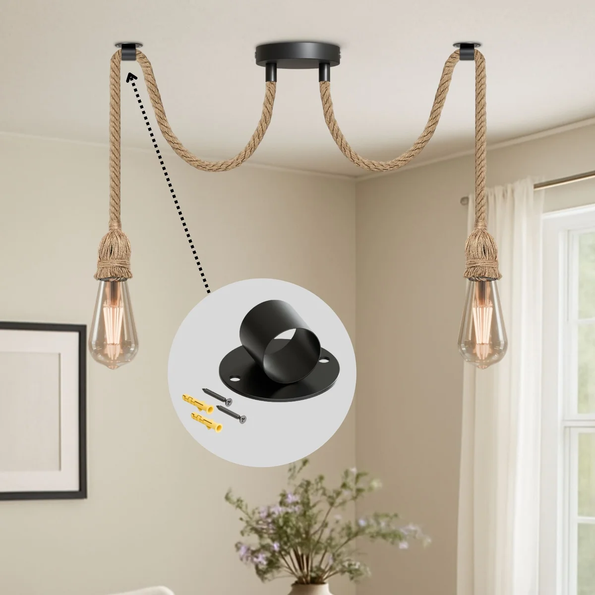 Black vintage industrial metal rope cable guide ceiling hook with open-hole design and matte finish on white background