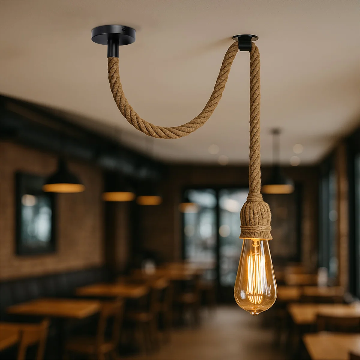 Black metal ceiling hook mounted on ceiling holding a hemp rope cable for industrial style lighting installation