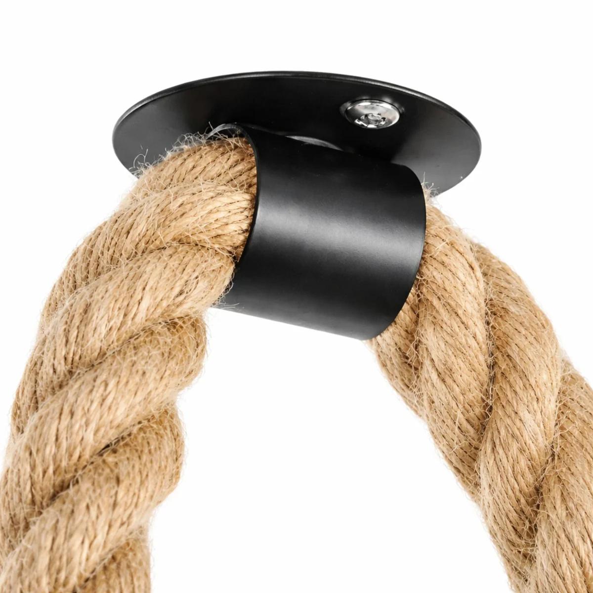 Black vintage industrial ceiling rope hook mounted on ceiling holding hemp rope cable for lighting fixture guidance