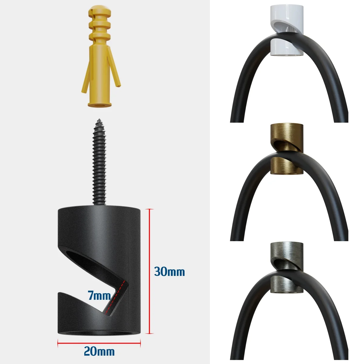 Metal V hook pendant lights cable hook in modern round design for securing fabric electrical cables up to 8mm thick