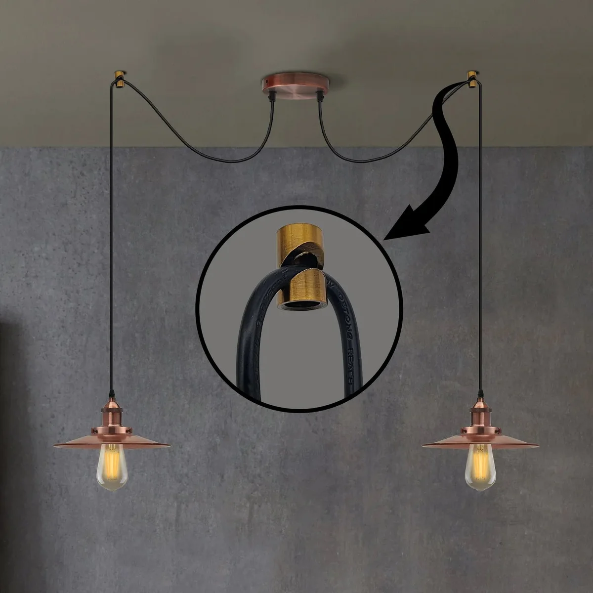 Metal V hook pendant lights cable holder mounted on white surface, showing round modern design and side power button