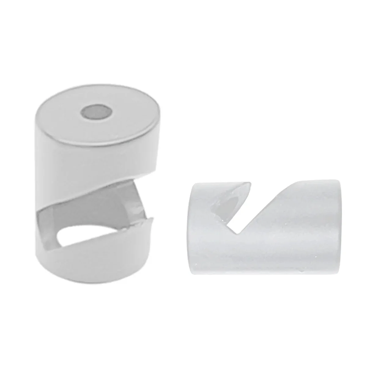 Metal V hook pendant lights cable holder mounted on wall with fabric electrical cable attached for organized lighting setup