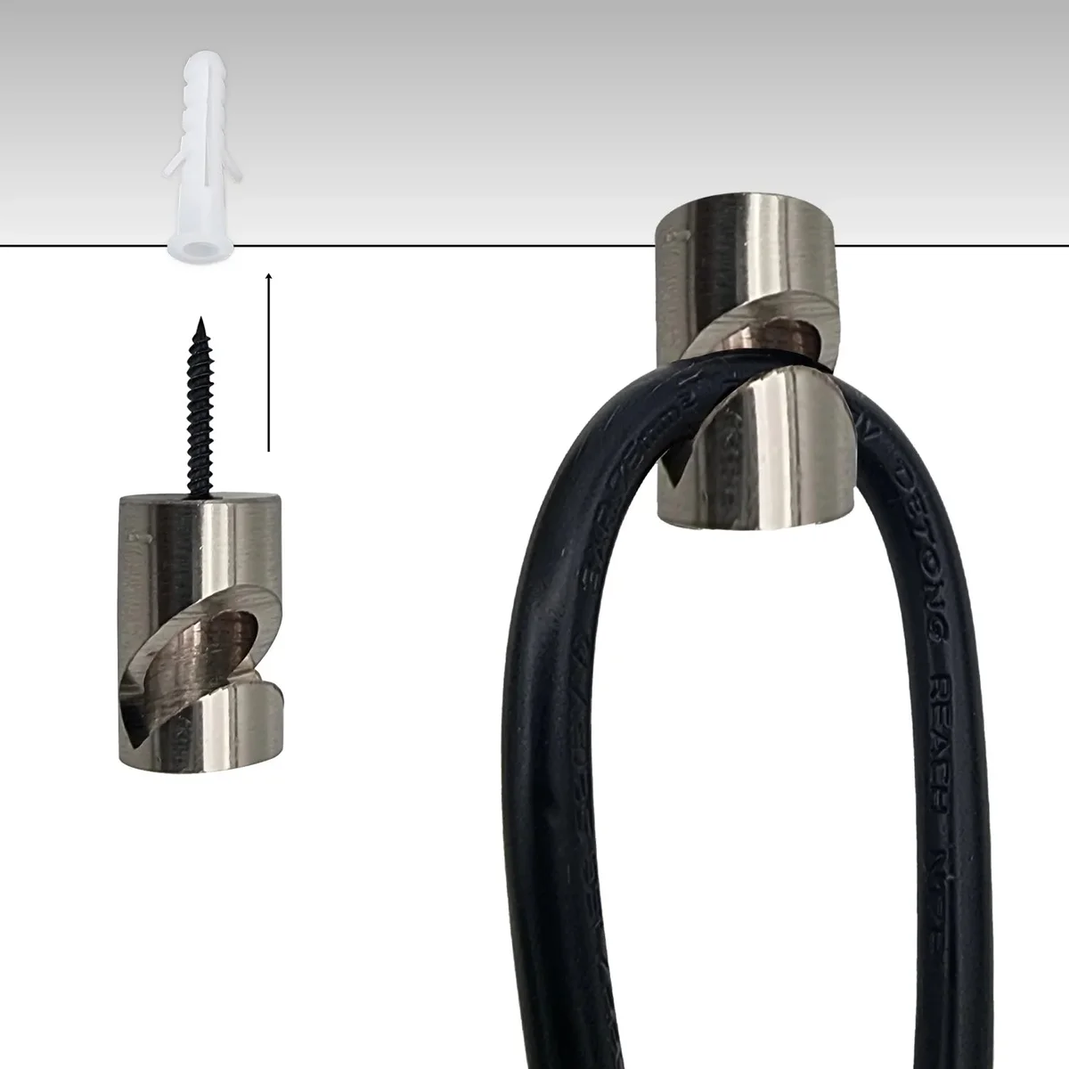 Metal V hook pendant lights cable holder mounted on white wall for organizing fabric electrical cables