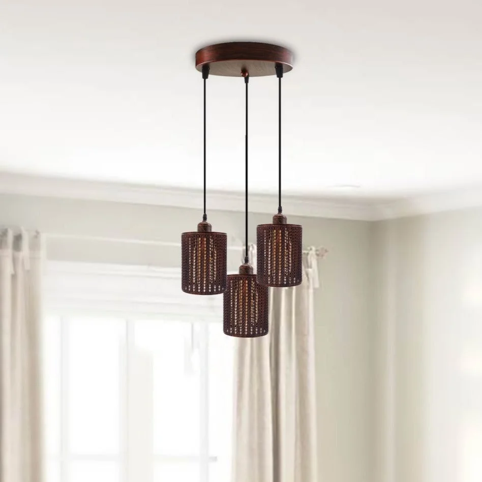 Vintage pendant ceiling light with three rustic red metal cage shades and adjustable hanging cables