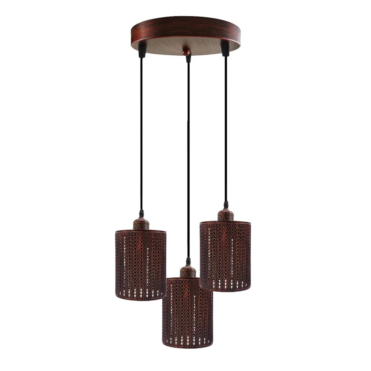 Industrial vintage metal pendant lamp with three round rustic red cage shades hanging from adjustable cables