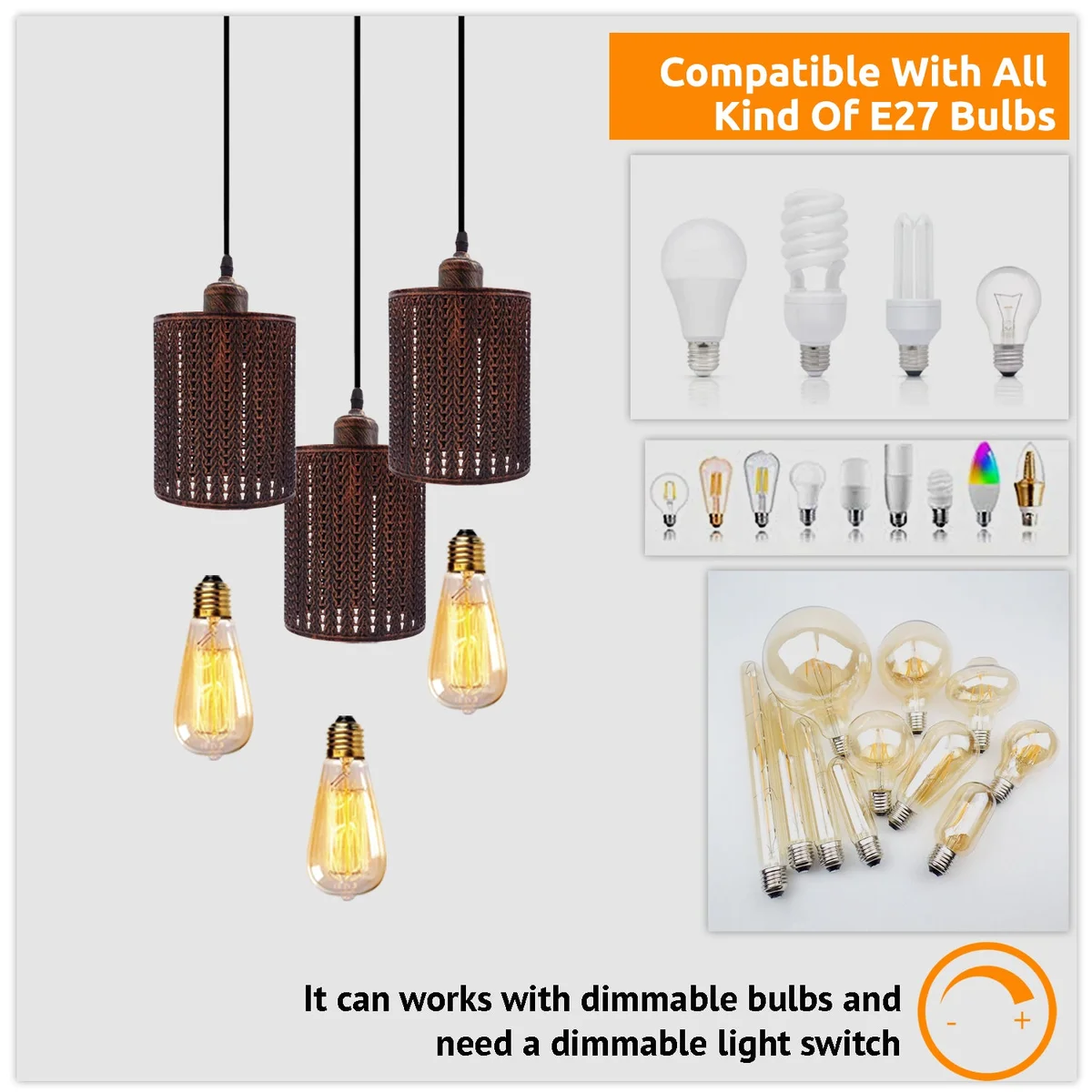 Three vintage pendant ceiling light fixtures with rustic red metal barrel cages hanging from adjustable cords against a white background