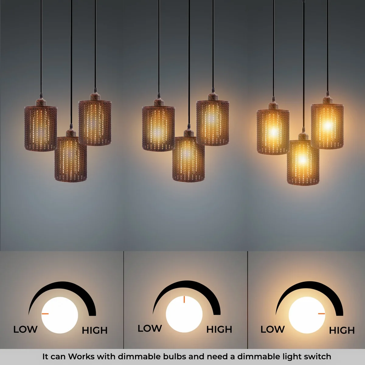 Three red metal cage vintage pendant ceiling lights with adjustable cables hanging against a white background