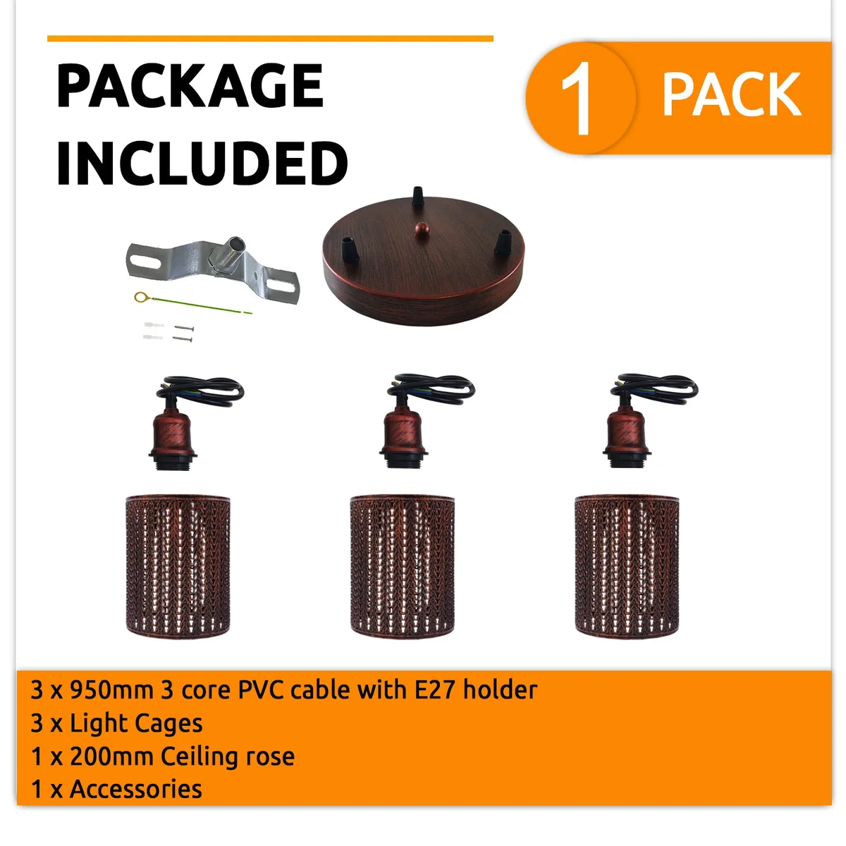 Vintage pendant ceiling light with three round rustic red metal cage shades hanging from adjustable cords