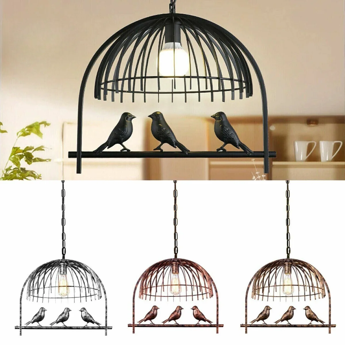 Vintage brass industrial birdcage pendant light with black fabric cable and round ceiling canopy, 49 cm diameter shade
