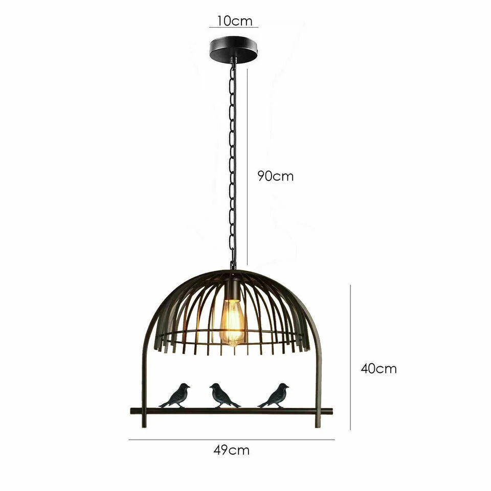 Vintage brass industrial birdcage pendant light with E27 Edison screw light socket and black fabric cable hanging from ceiling