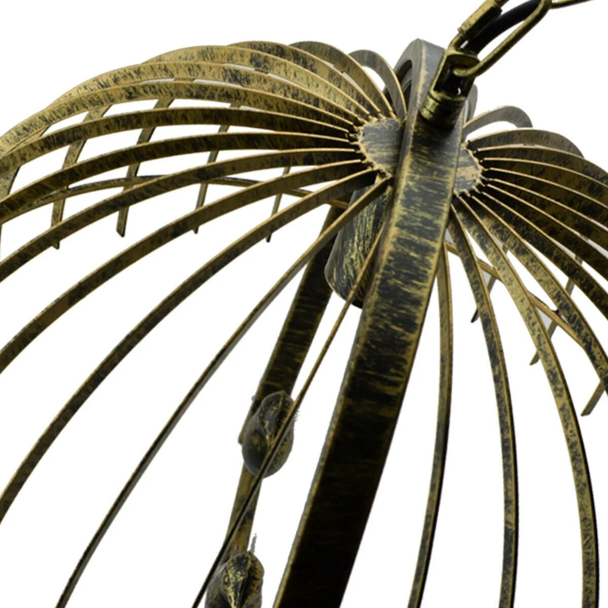 Vintage brass industrial birdcage pendant light with black fabric cable hanging from ceiling, 49 cm diameter shade
