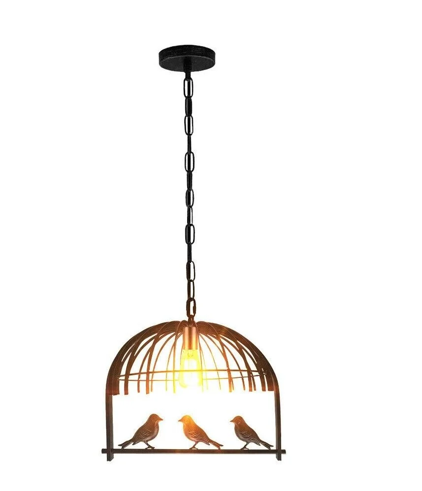 Vintage brass industrial birdcage pendant light with black fabric cable hanging against white background