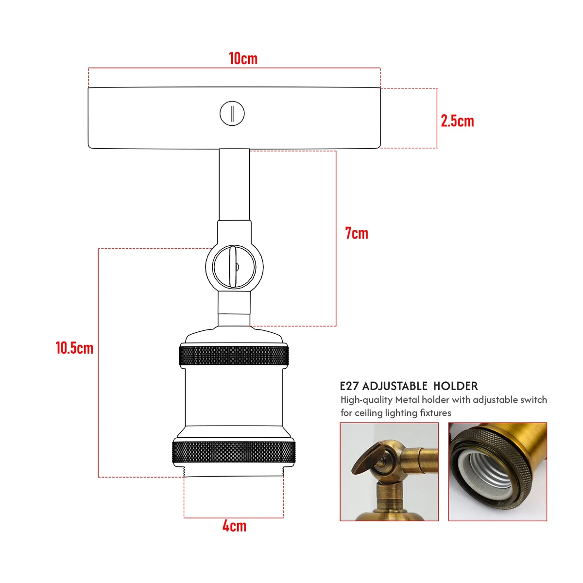 Industrial adjustable E27 spotlight fitting in black metal, shown mounted on a white ceiling with angled light head