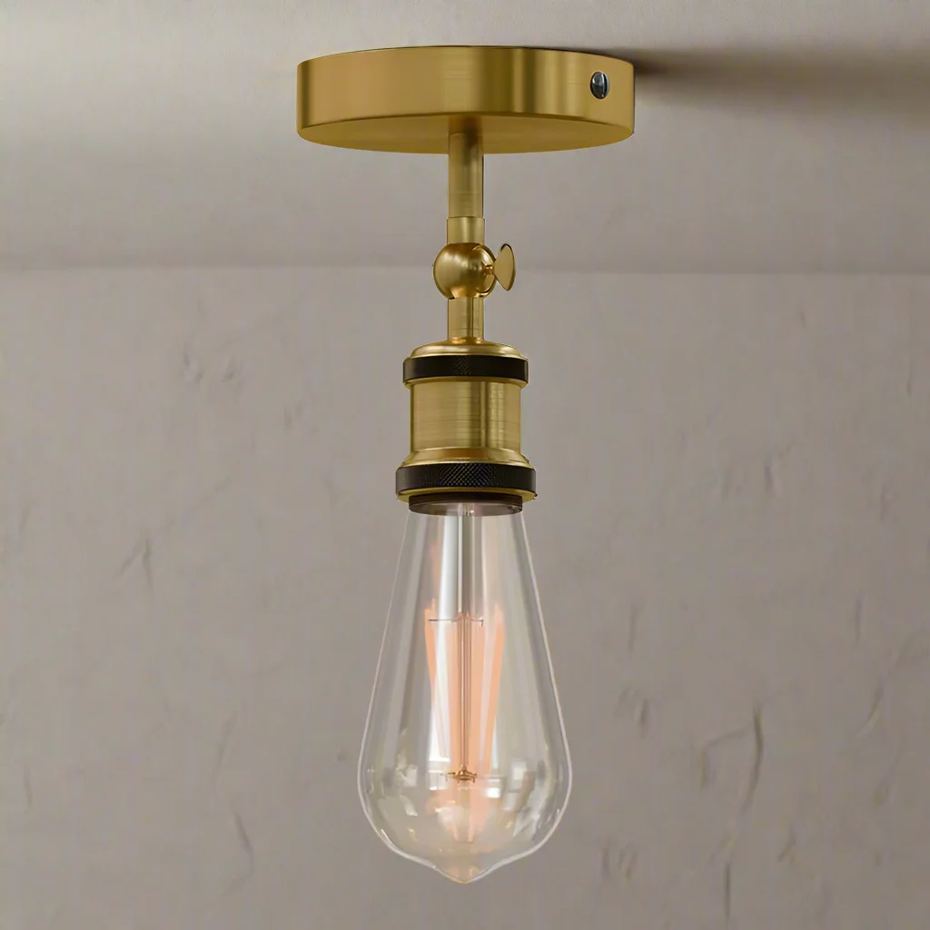 Adjustable industrial metal ceiling light fitting with E27 base, metal construction, and integrated handle for directing light