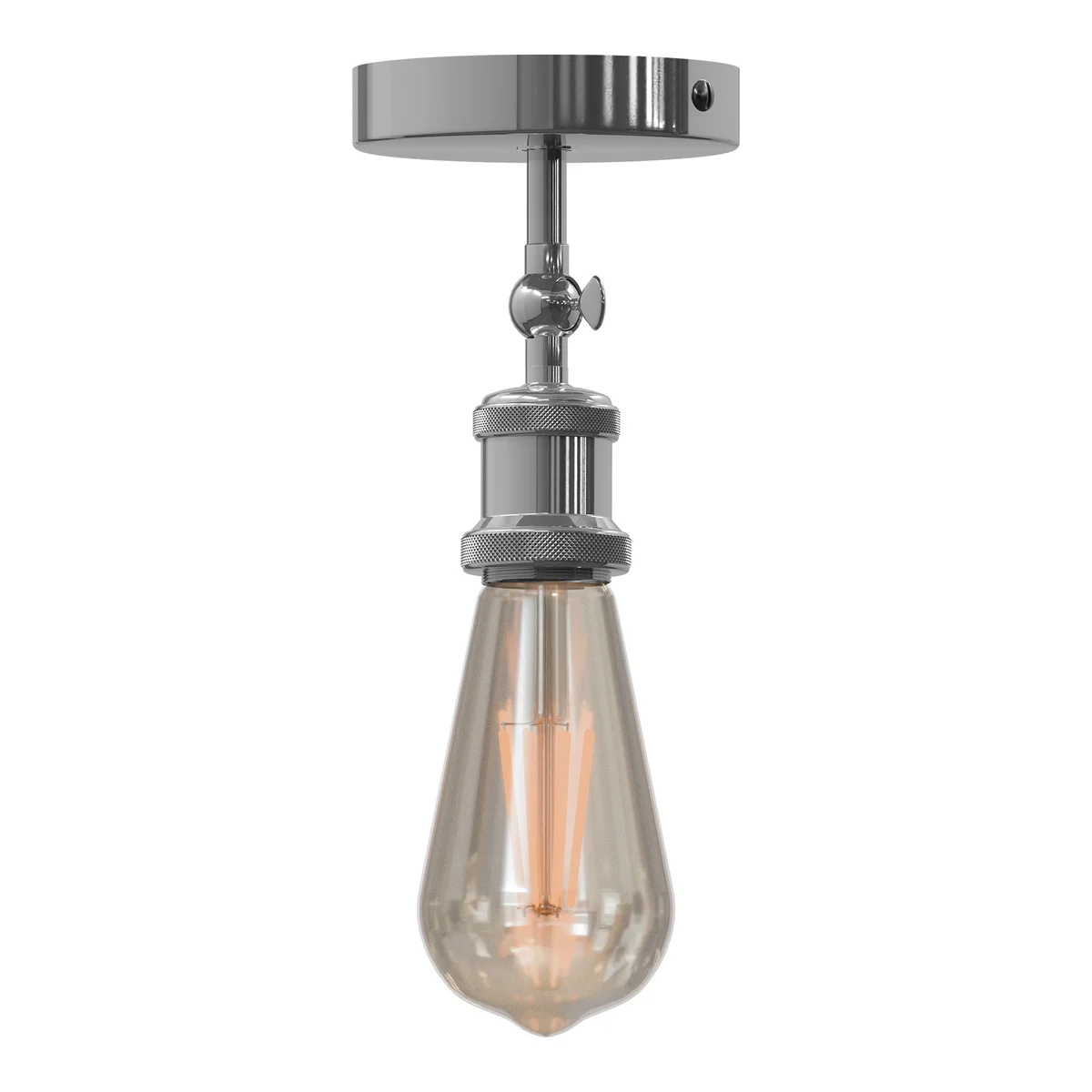 Industrial adjustable ceiling spotlight in black metal with E27 base and handle for directing light angle on white background