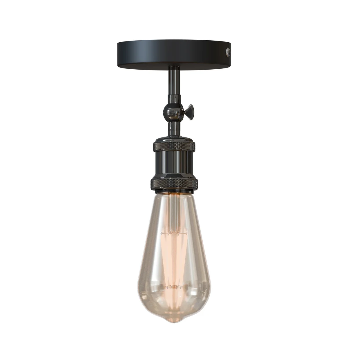 Industrial adjustable ceiling spotlight fitting in black metal with E27 base and integrated handle for angle adjustment