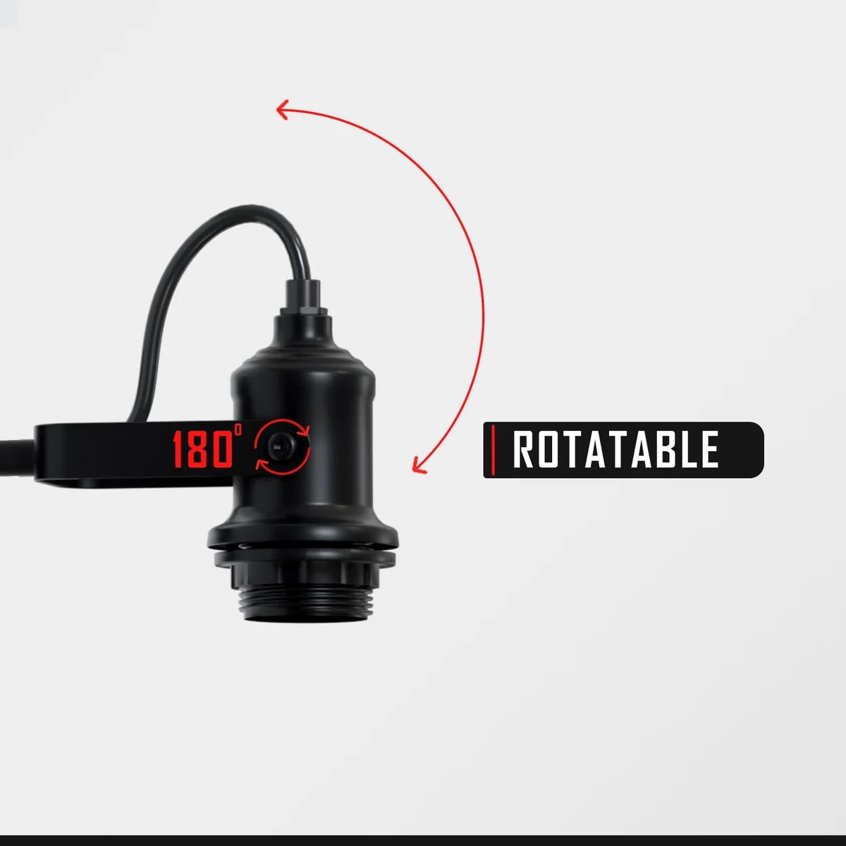 Black metal industrial wall sconce with 180° rotatable swivel and E27 socket mounted on a white wall background