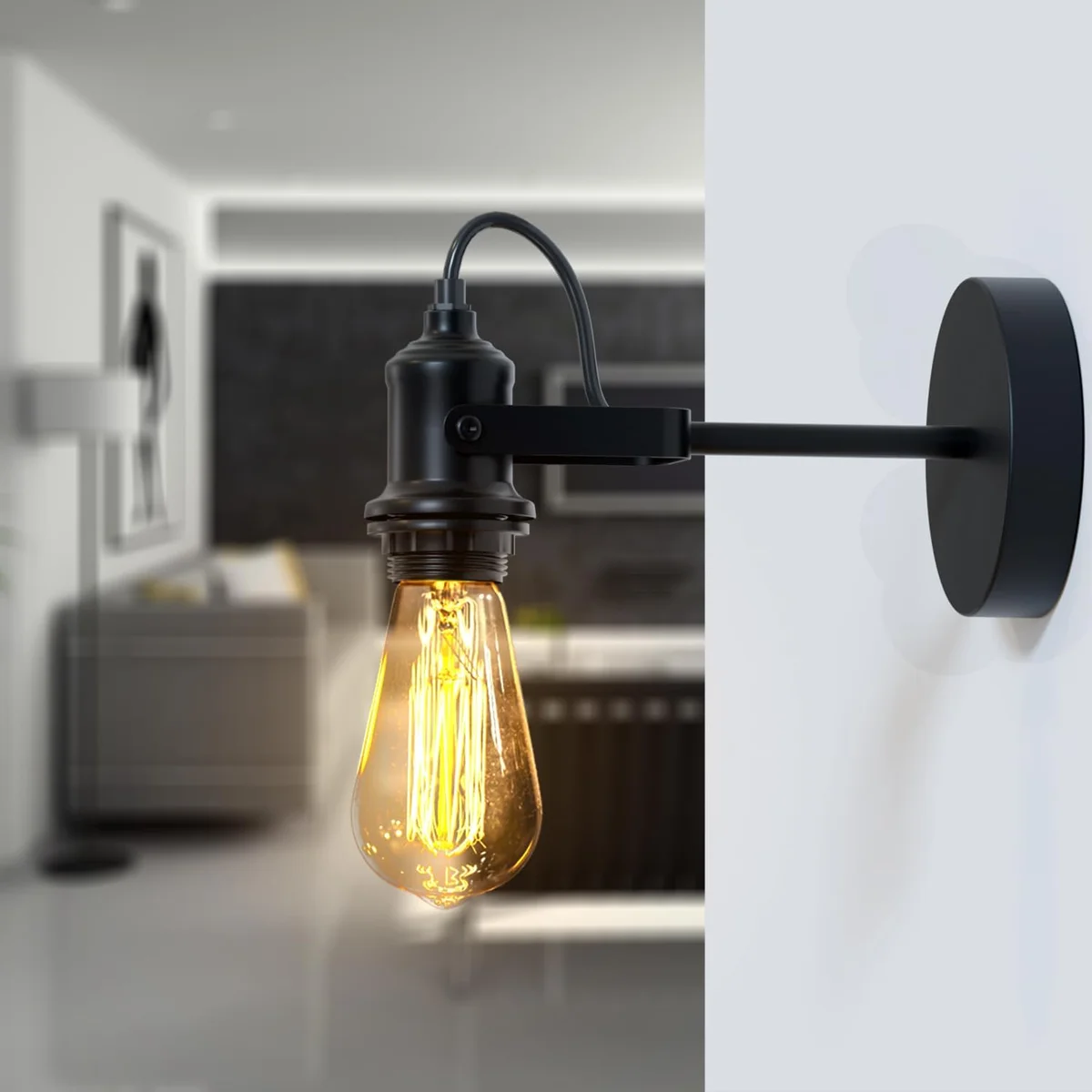 Black metal industrial dimmable wall light with 180° rotatable swivel and E27 bulb socket mounted on a white wall