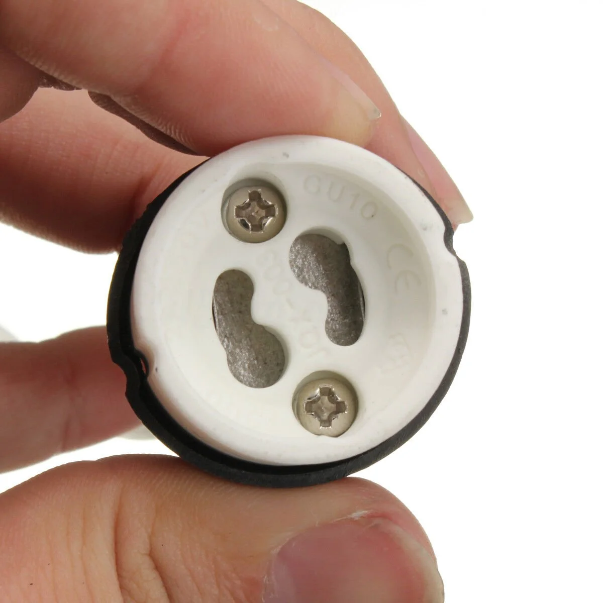 Ceramic bulb holder with GU10 base and pre-installed Teflon-coated wires for high heat resistance and secure fitting