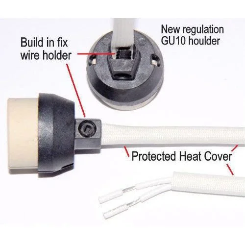 GU10 lamp holder with ceramic base and pre-installed Teflon-coated wires for heat resistance and secure bulb fitting