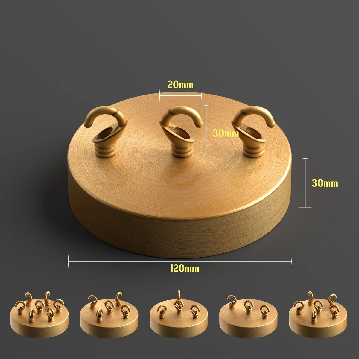 Yellow brass ceiling rose with integrated hook, 120mm diameter, industrial style, includes mounting bracket and hardware kit