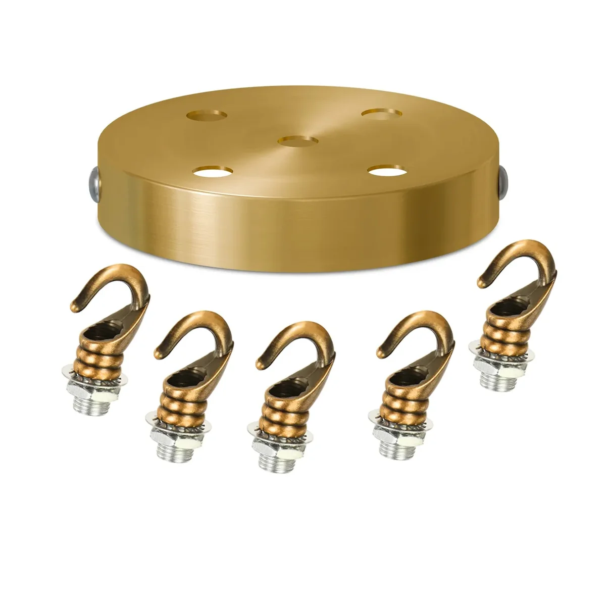 Yellow brass industrial ceiling rose with integrated hook, 120mm diameter, for pendant or chandelier mounting