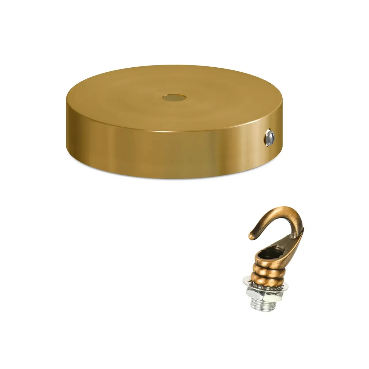 Yellow brass ceiling rose with hook, 120mm diameter, heavy-duty metal with mounting bracket and screws displayed on white background