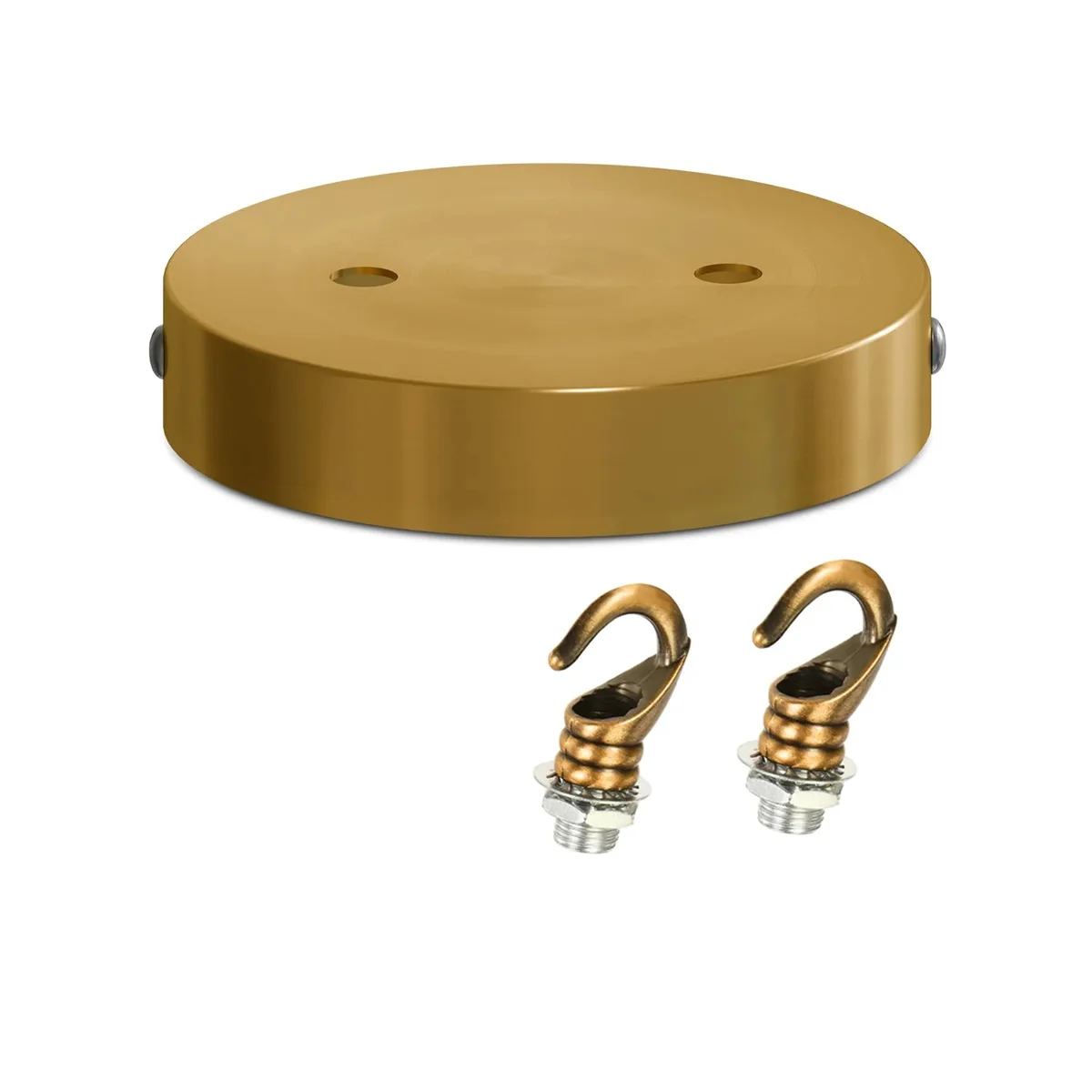 Yellow brass heavy duty ceiling rose with hook, 120mm diameter, showing mounting bracket and installation hardware kit