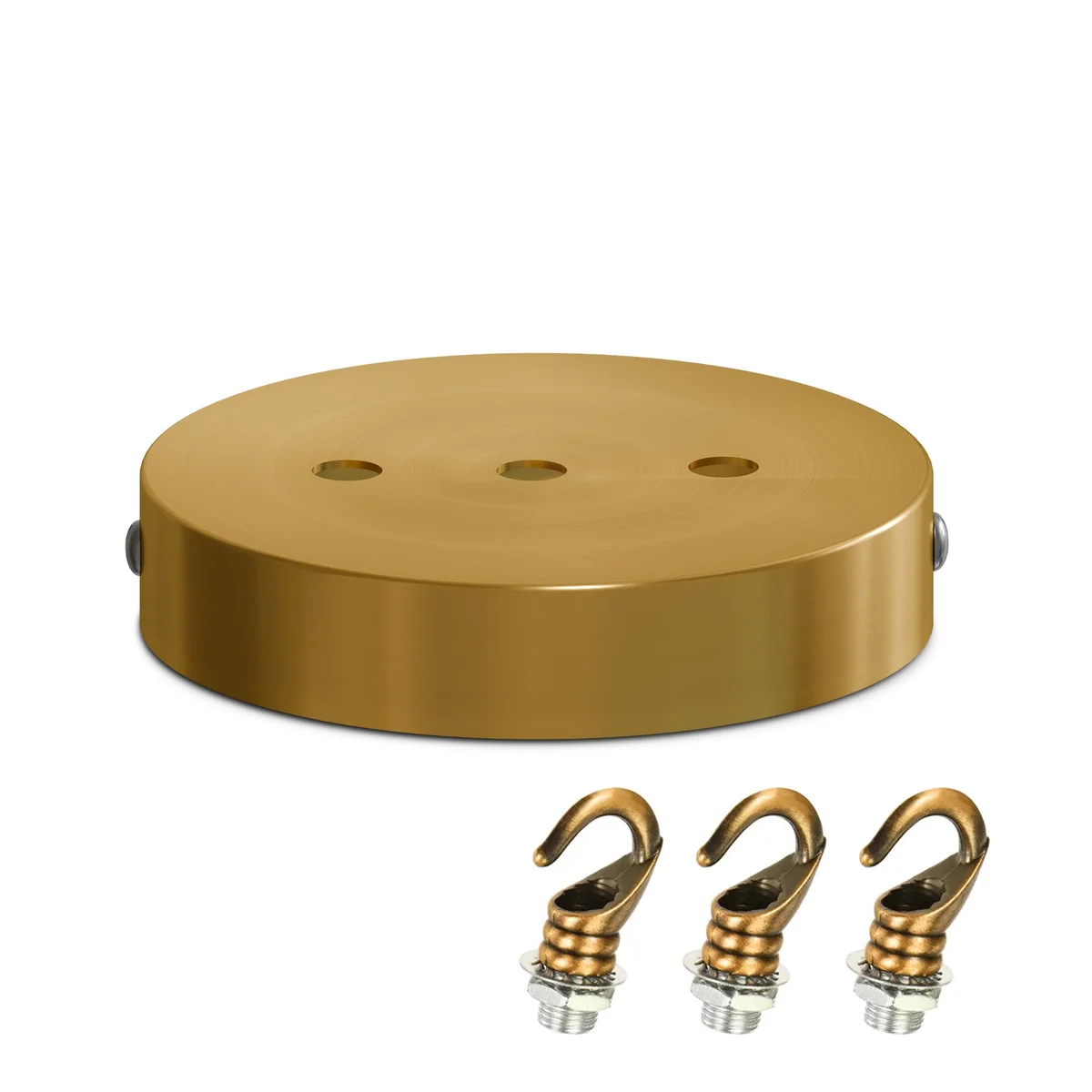 Yellow brass ceiling rose with integrated heavy-duty hook and mounting bracket, 120mm diameter, industrial style finish