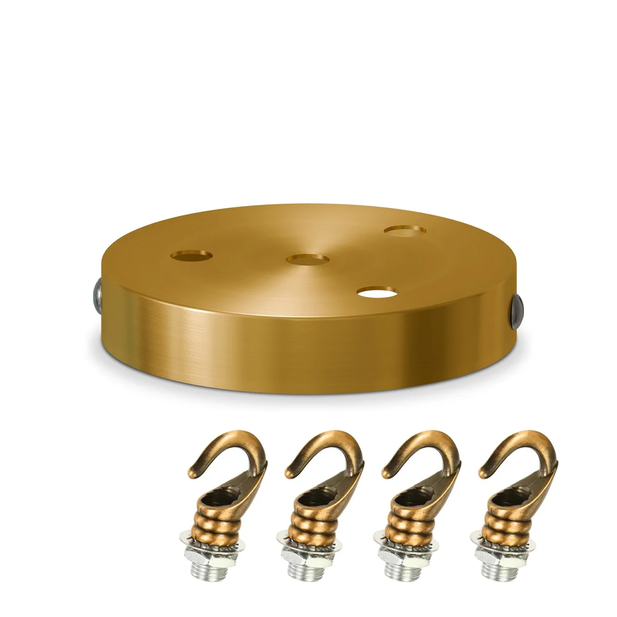 Yellow brass ceiling rose with integrated heavy-duty hook and mounting hardware for secure pendant or chandelier installation