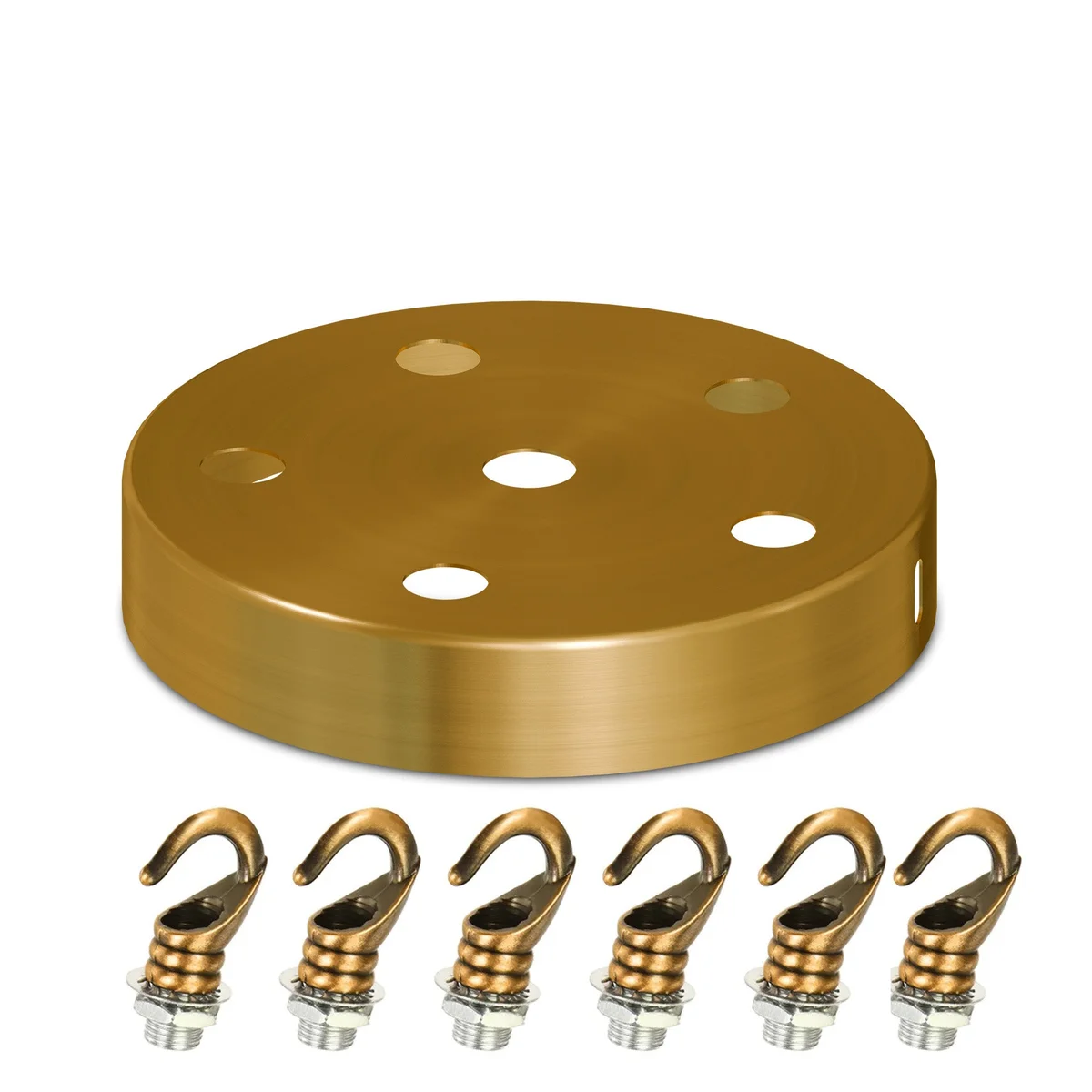 Yellow brass ceiling rose with integrated heavy-duty hook and mounting hardware on a white background, 120mm diameter.