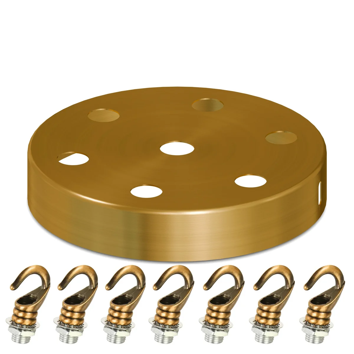 Yellow brass ceiling rose with integrated hook and mounting bracket, showing hardware kit and installation components