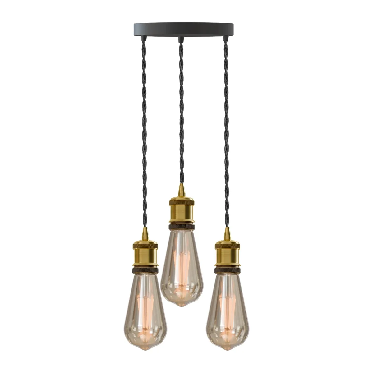 Industrial 3-light pendant with brass holders and adjustable gold twisted wires, metal ceiling rose, E27 bulb fittings