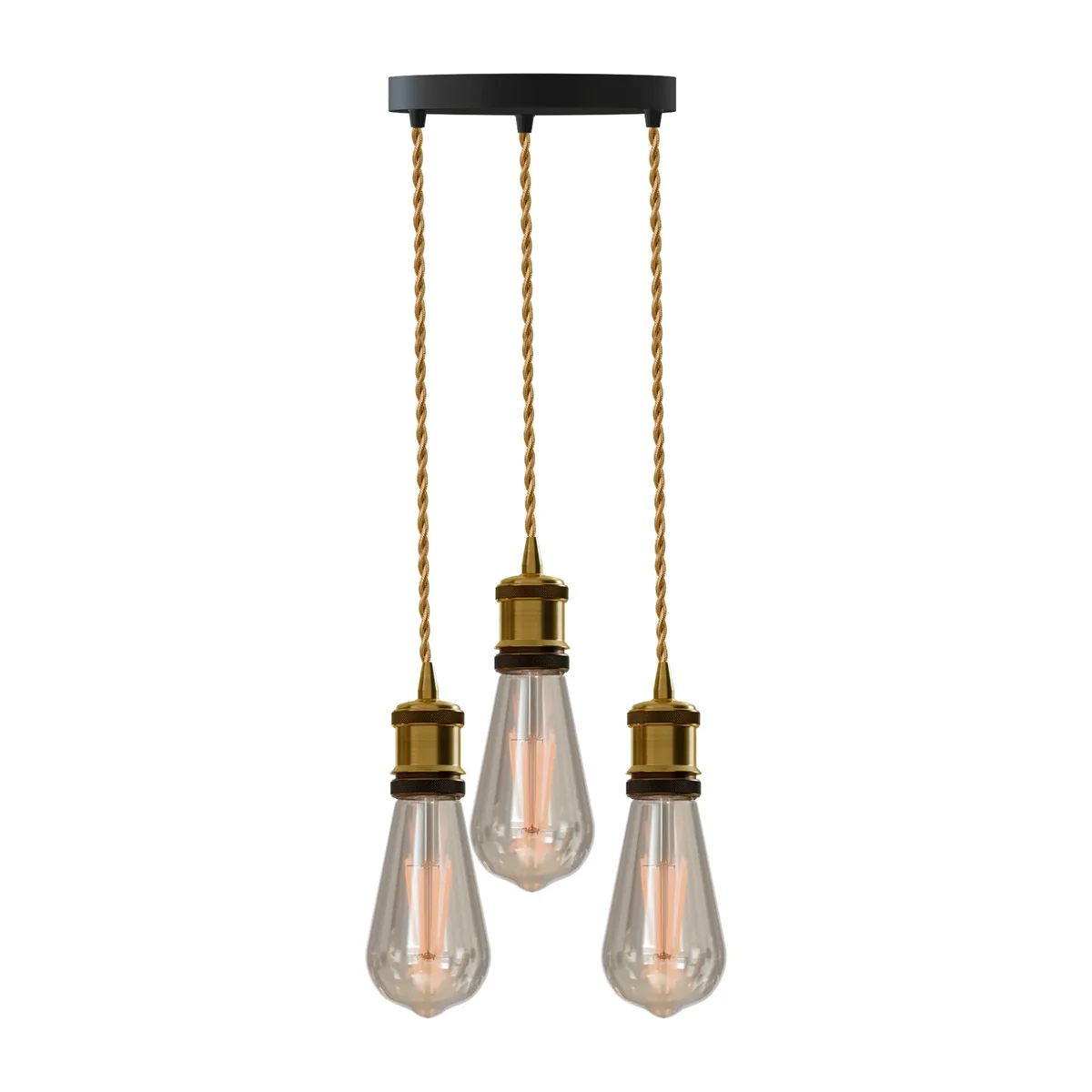 Industrial 3-light pendant light with brass holders and gold twisted wire, compatible with E27 bulbs for indoor use