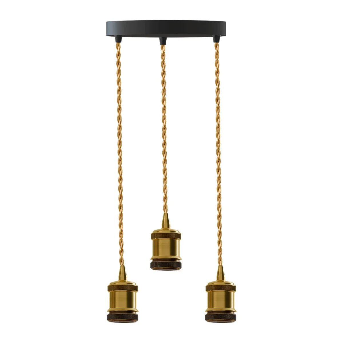 Industrial 3-light metal ceiling light with brass holders and adjustable 90cm gold twisted wire pendant design
