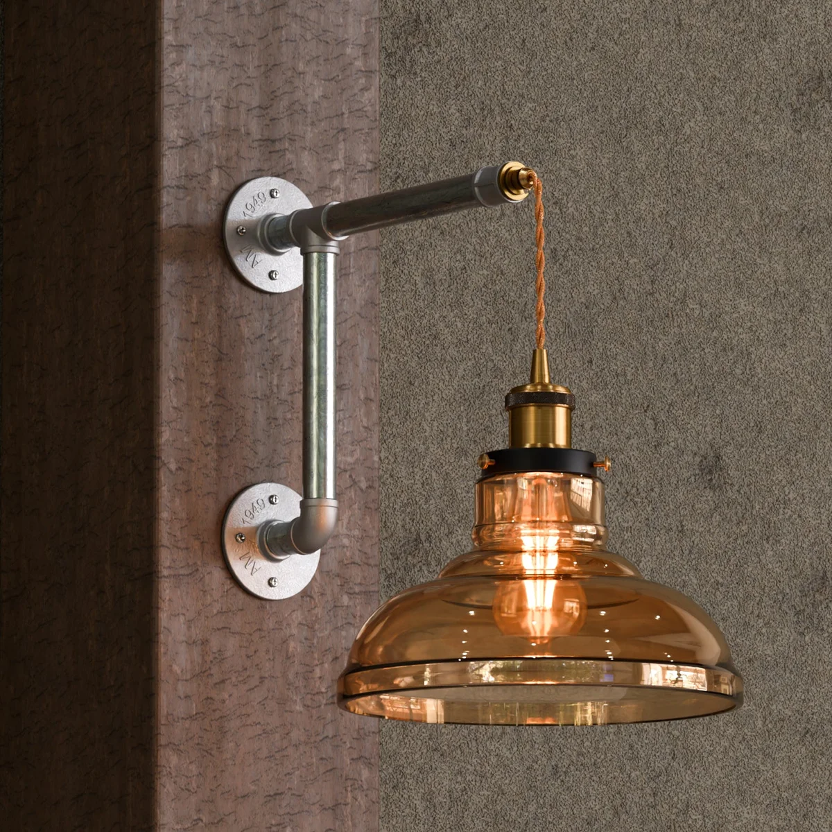 industrial conduit wall light with amber glass shade and galvanized iron pipes, adjustable fabric cord, wall mounted